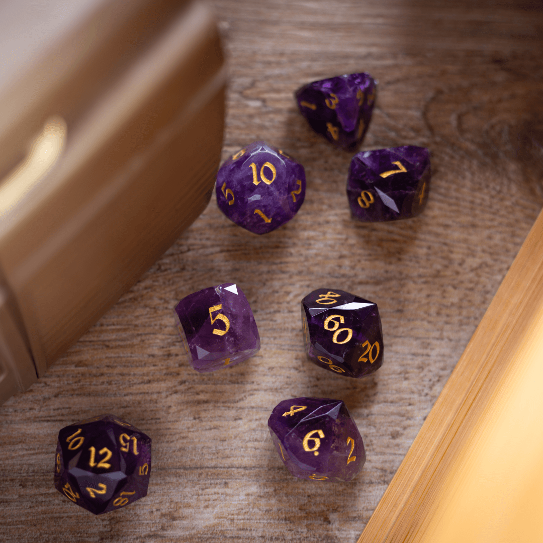 Dwarf Cut Purple Amethyst Gemstone Premium DND Dice Set Runic Dice