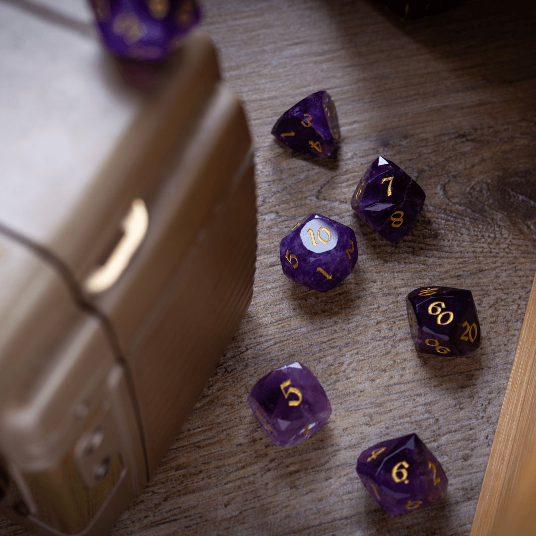 Dwarf Cut Purple Amethyst Gemstone Premium DND Dice Set Runic Dice