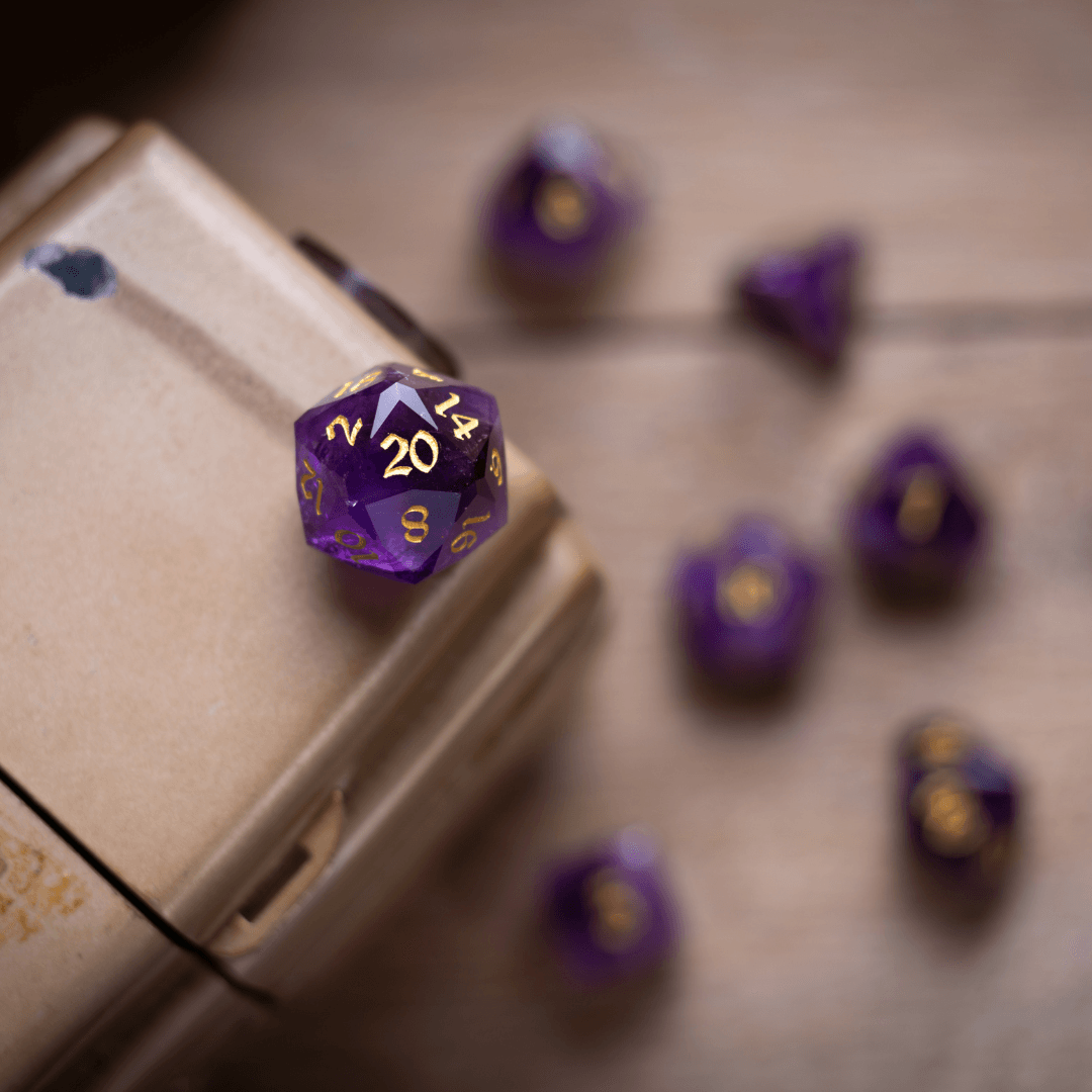 Dwarf Cut Purple Amethyst Gemstone Premium DND Dice Set Runic Dice
