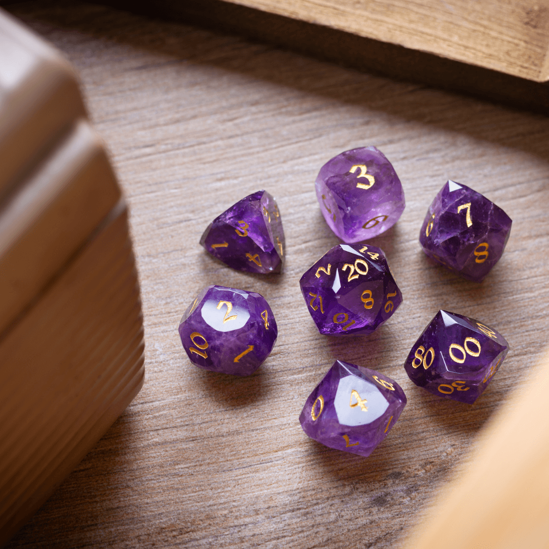Dwarf Cut Purple Amethyst Gemstone Premium DND Dice Set Runic Dice