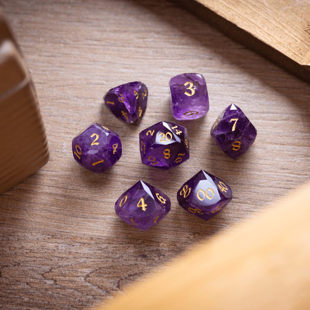 Dwarf Cut Purple Amethyst Gemstone Premium DND Dice Set Runic Dice