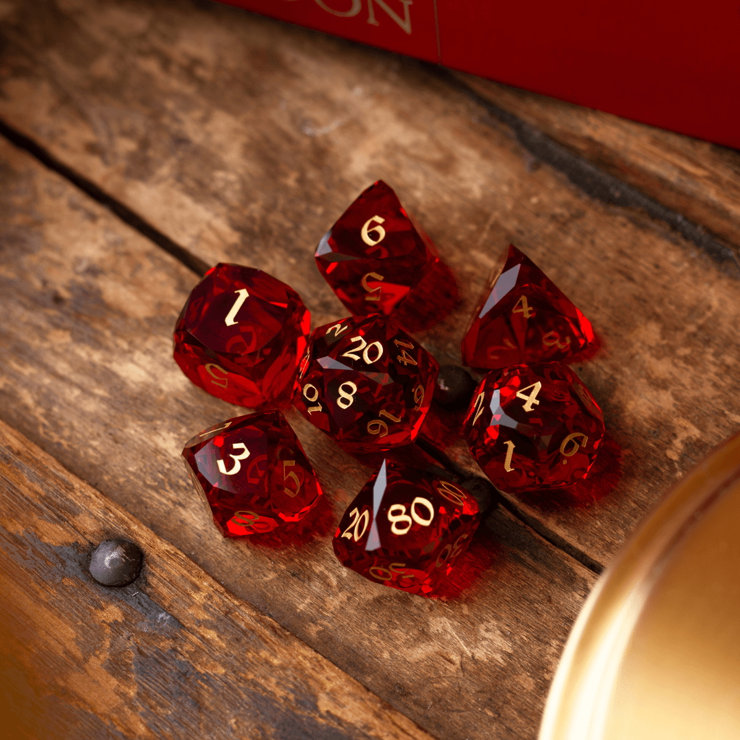 Dwarf Cut Red Gemstone Glass Premium DND Dice Set Runic Dice