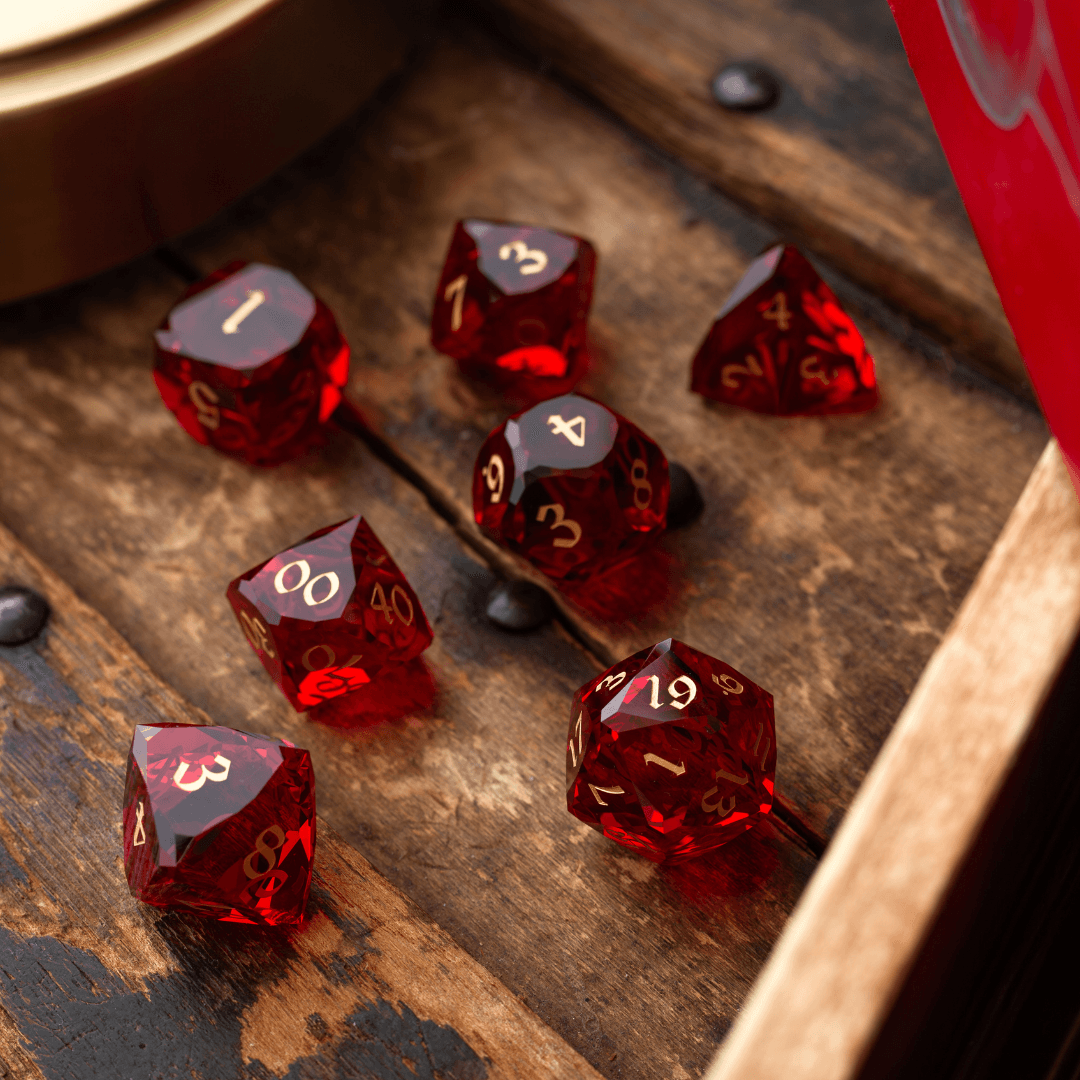 Dwarf Cut Red Gemstone Glass Premium DND Dice Set Runic Dice