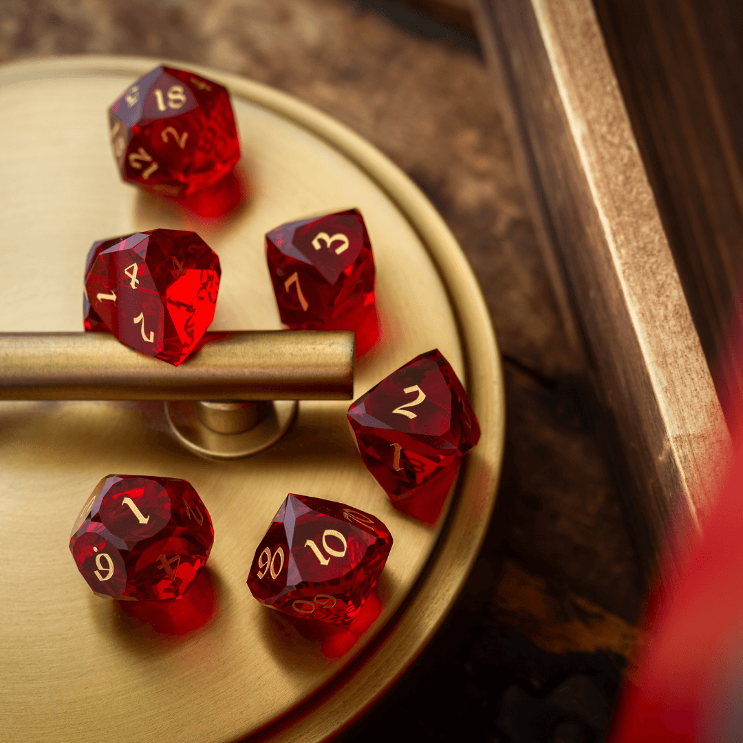 Dwarf Cut Red Gemstone Glass Premium DND Dice Set Runic Dice