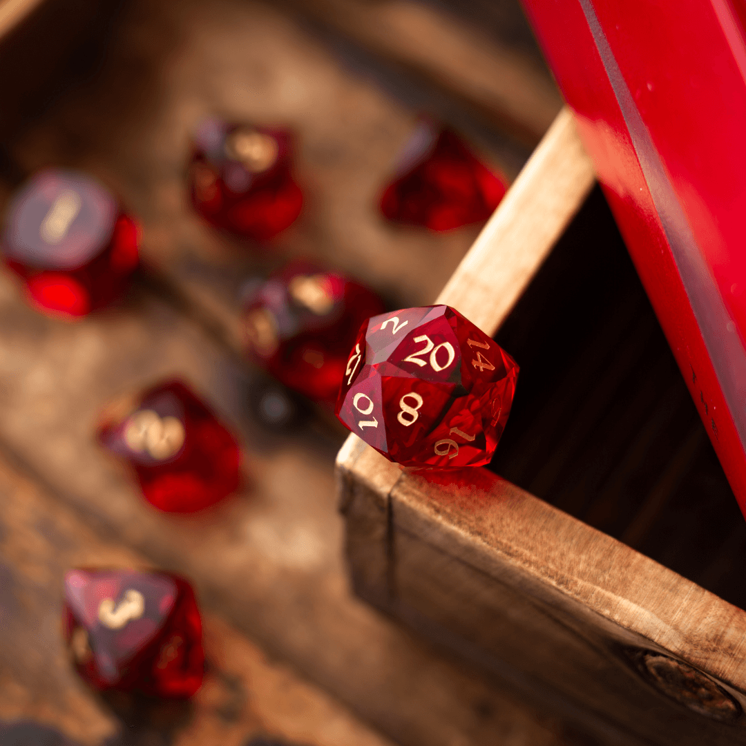 Dwarf Cut Red Gemstone Glass Premium DND Dice Set Runic Dice
