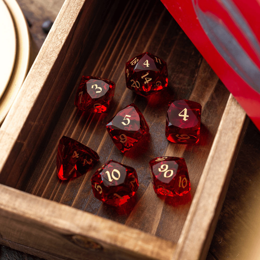 Dwarf Cut Red Gemstone Glass Premium DND Dice Set Runic Dice