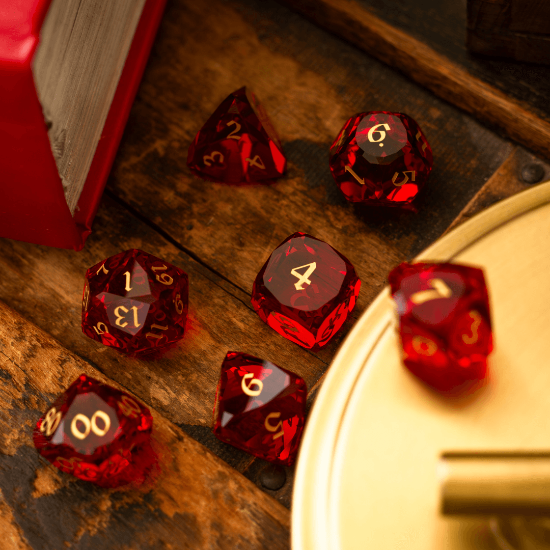 Dwarf Cut Red Gemstone Glass Premium DND Dice Set Runic Dice