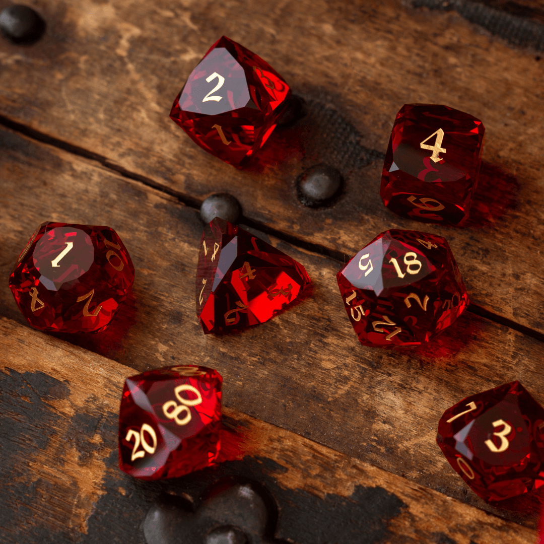 Dwarf Cut Red Gemstone Glass Premium DND Dice Set Runic Dice