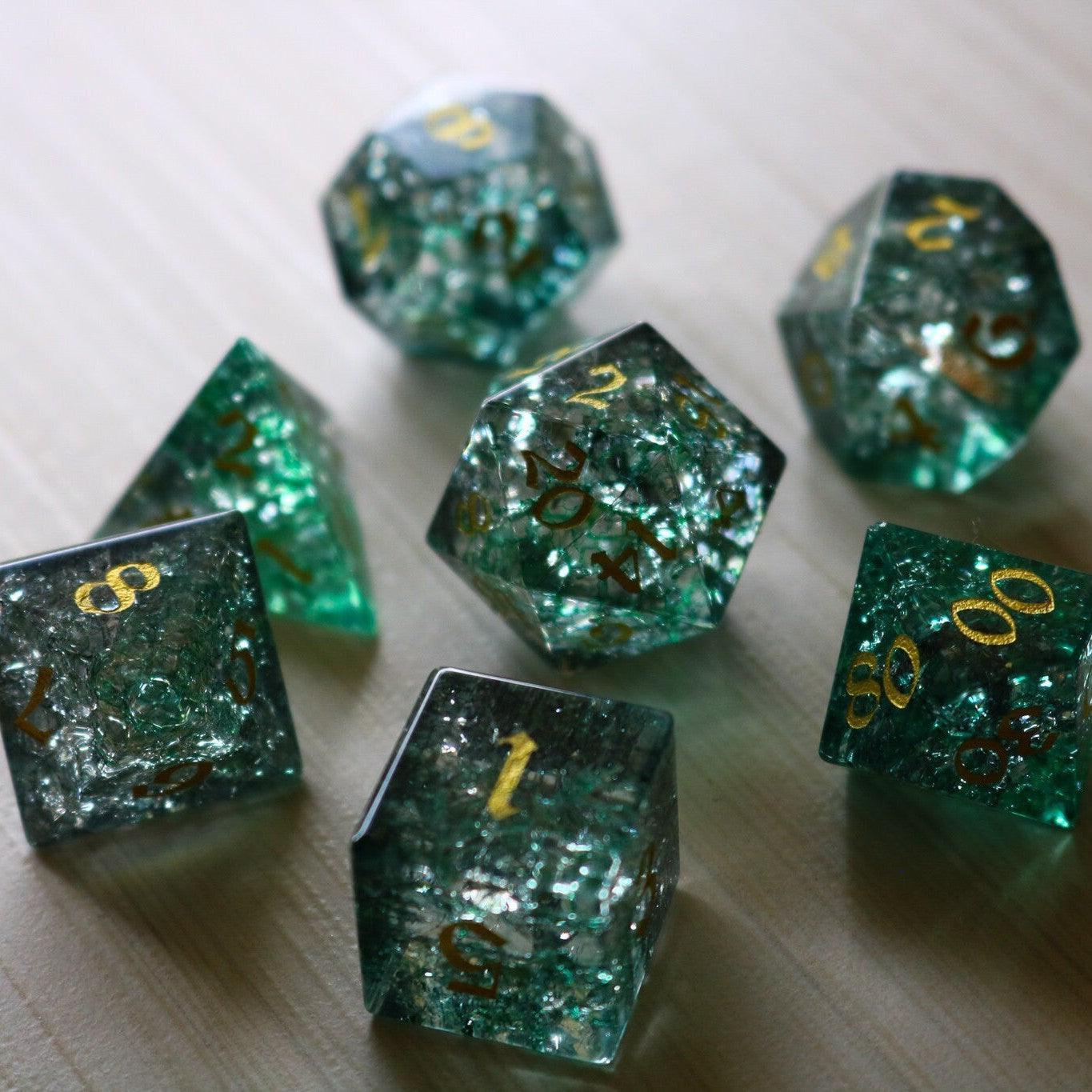 Elven Wood Green Forge Fire Glass DND Dice Set Runic Dice