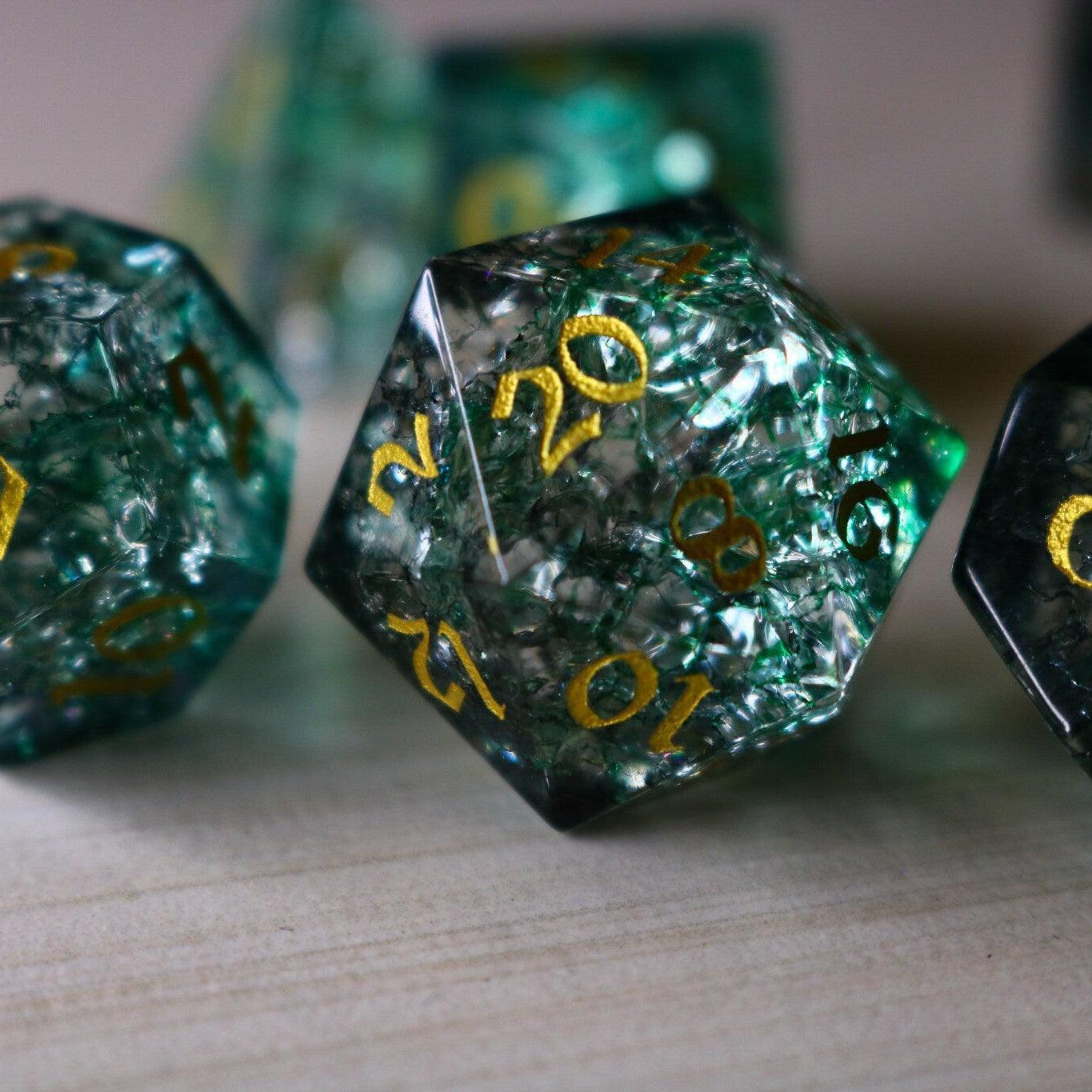 Elven Wood Green Forge Fire Glass DND Dice Set Runic Dice