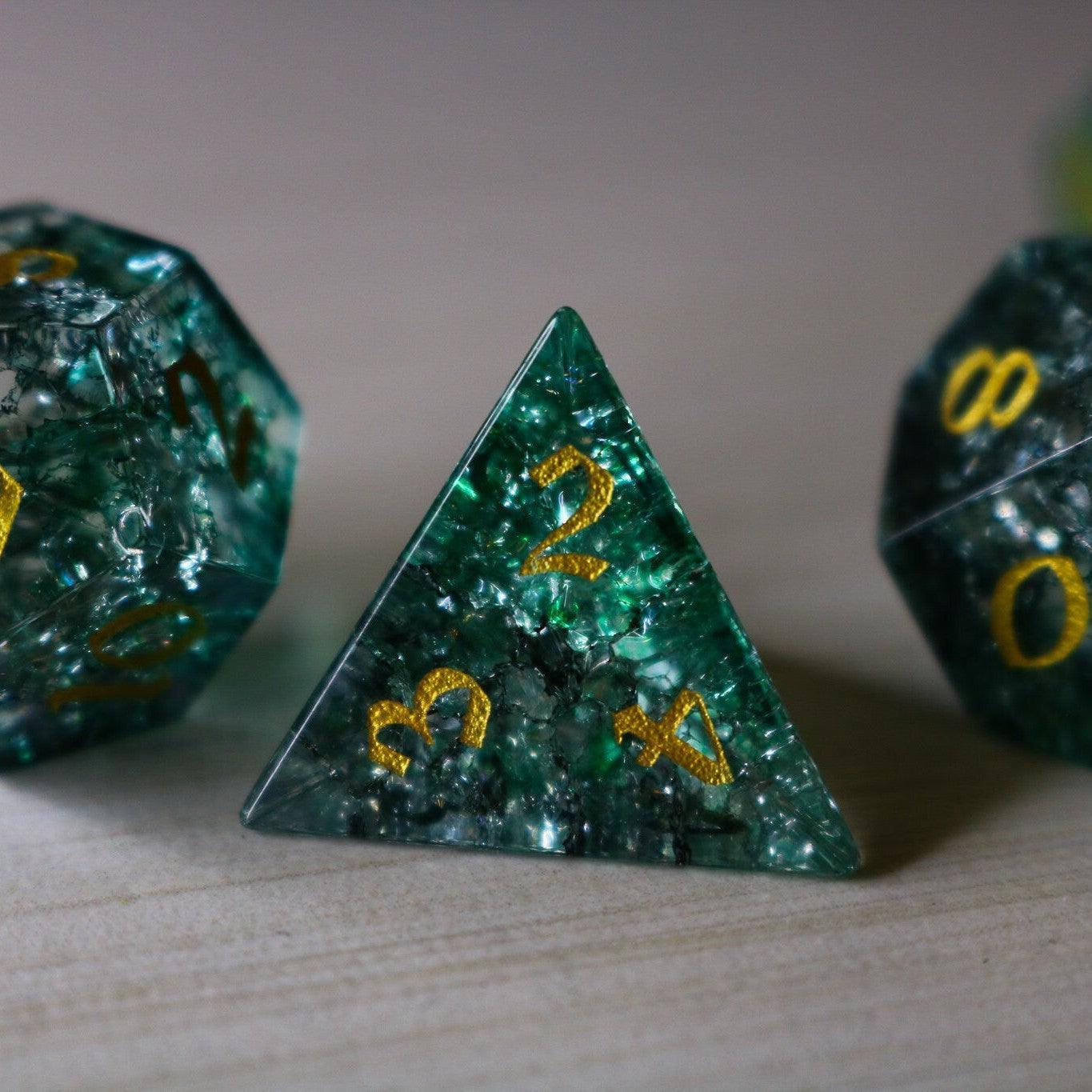 Elven Wood Green Forge Fire Glass DND Dice Set Runic Dice