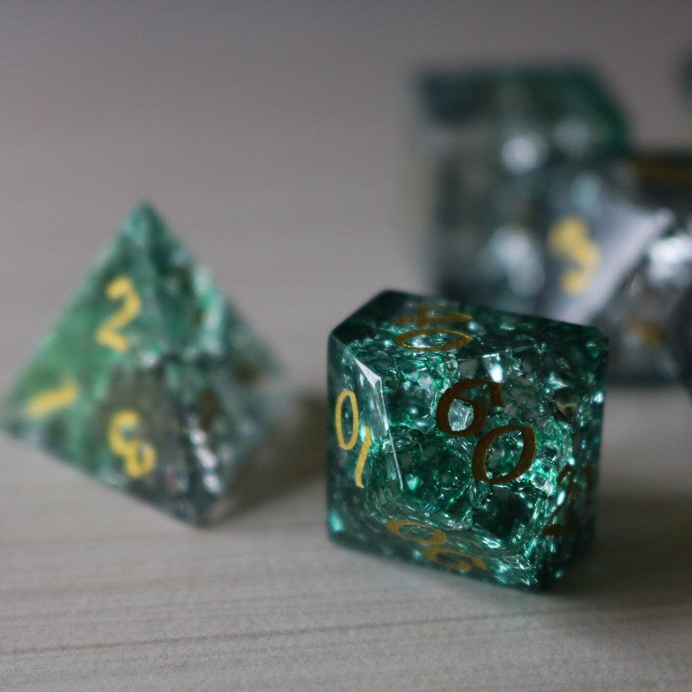 Elven Wood Green Forge Fire Glass DND Dice Set Runic Dice