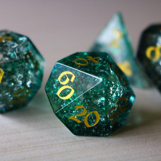 Elven Wood Green Forge Fire Glass DND Dice Set Runic Dice