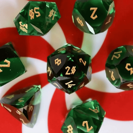 Emerald Multifaceted Glass Dice Set Misty Mountain Gaming