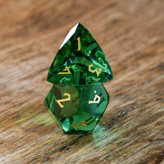 Emerald Multifaceted Glass Dice Set Misty Mountain Gaming