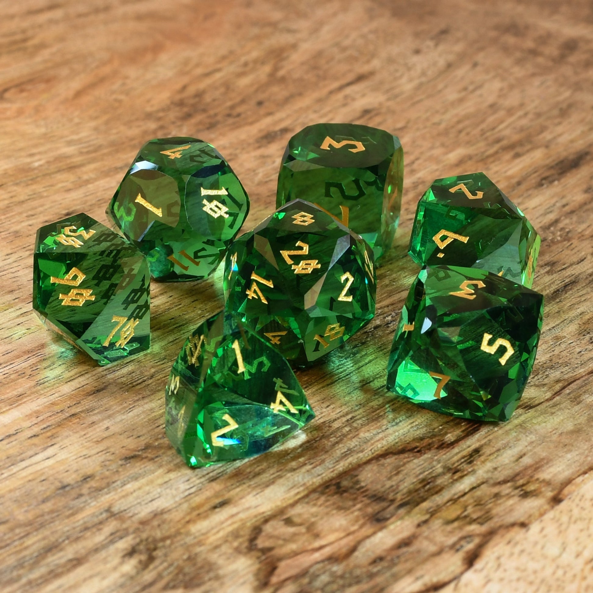 Emerald Multifaceted Glass Dice Set Misty Mountain Gaming