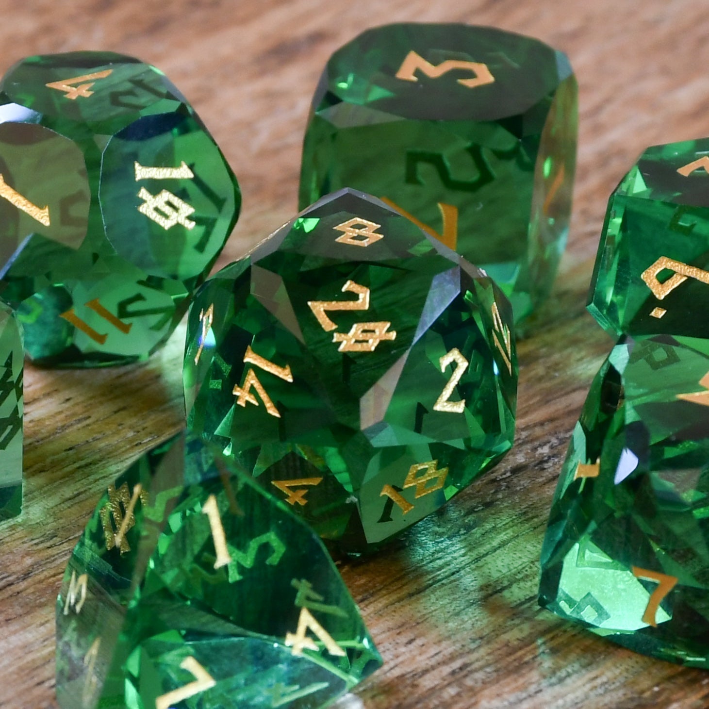 Emerald Multifaceted Glass Dice Set Misty Mountain Gaming
