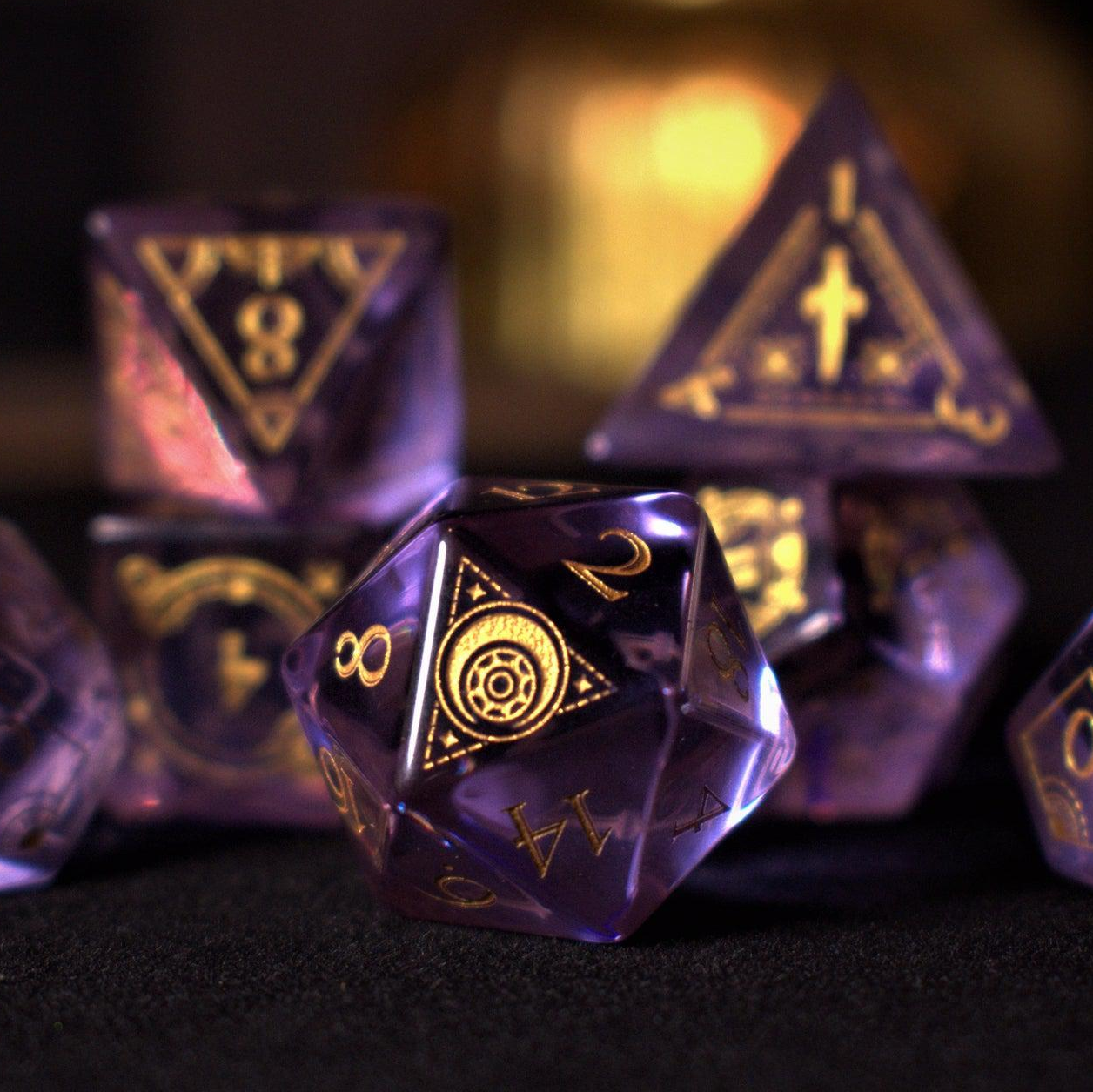 Fabled Mark Purple Glass Dice Set Misty Mountain Gaming