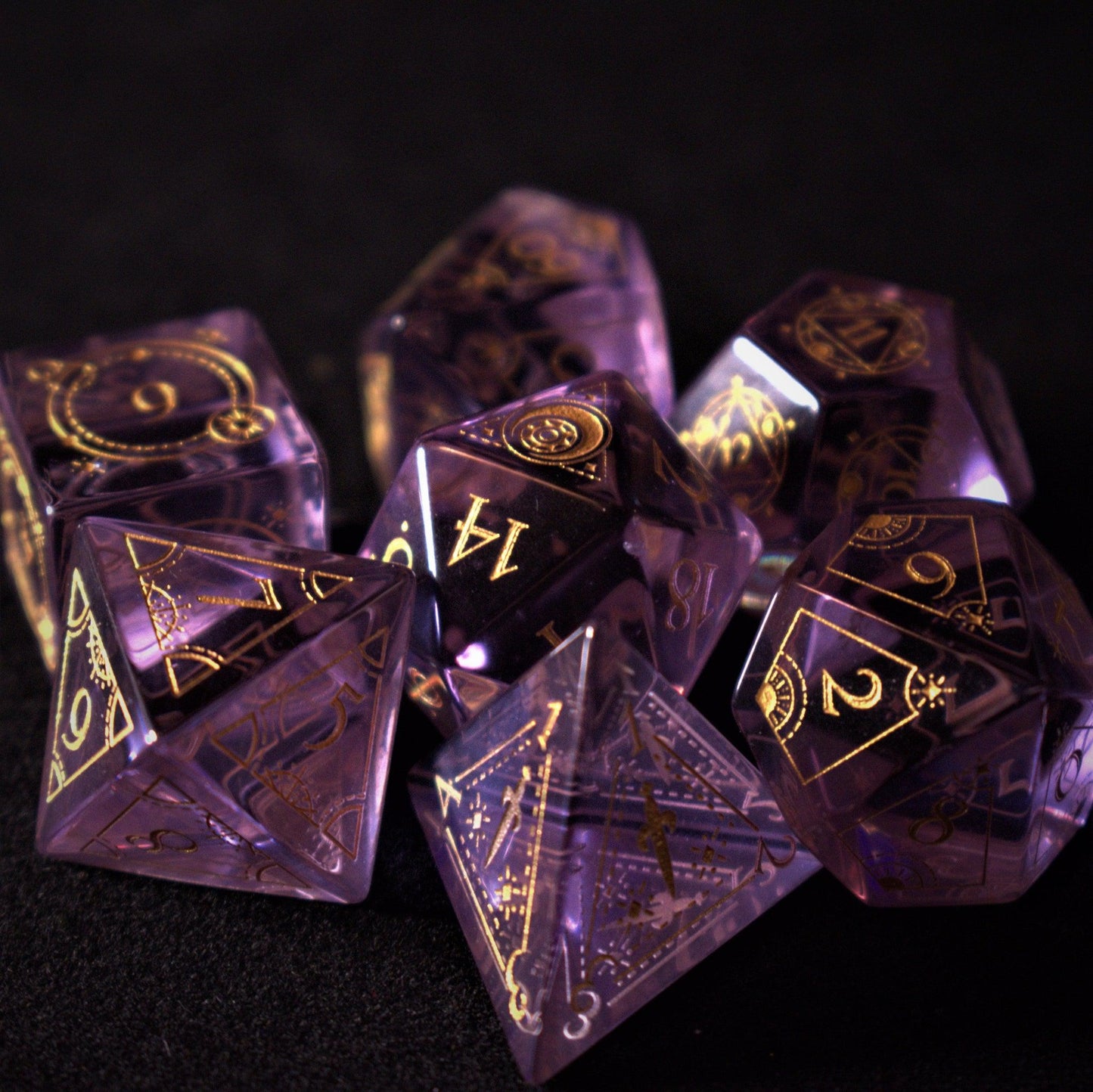 Fabled Mark Purple Glass Dice Set Misty Mountain Gaming