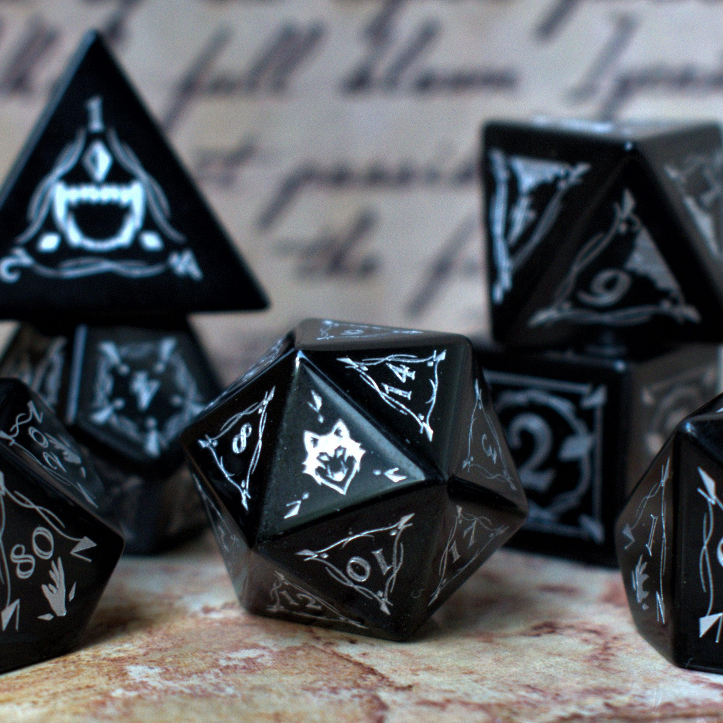 Fangs of Winter Obsidian Stone Dice Set Misty Mountain Gaming