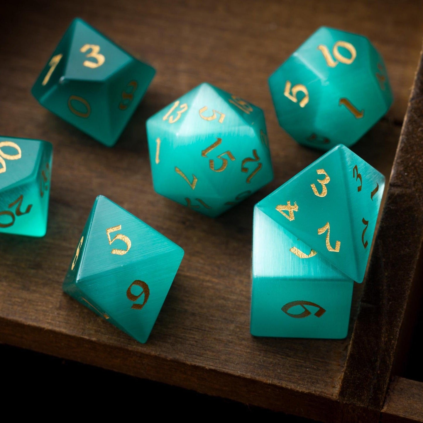 Gemstone Aquamarine Cats Eye Stone Hand Carved DND Dice Set Runic Dice