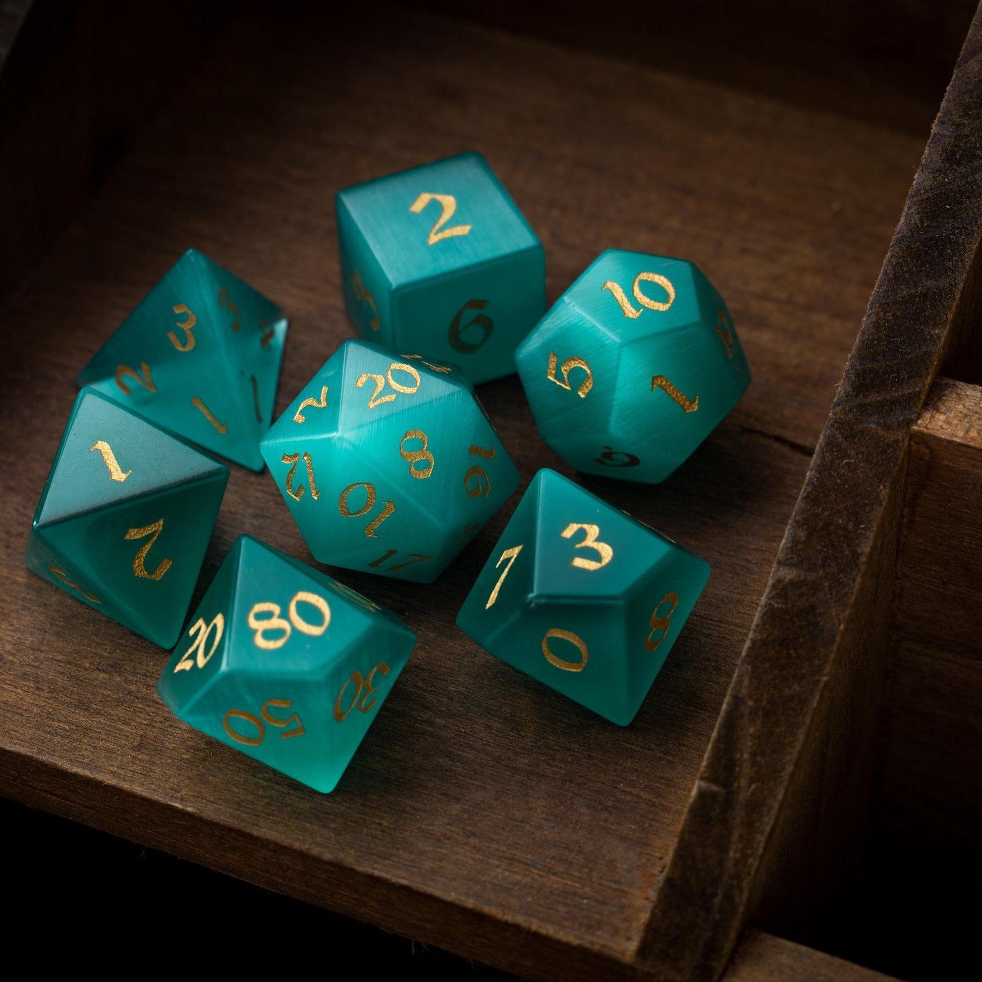 Gemstone Aquamarine Cats Eye Stone Hand Carved DND Dice Set Runic Dice