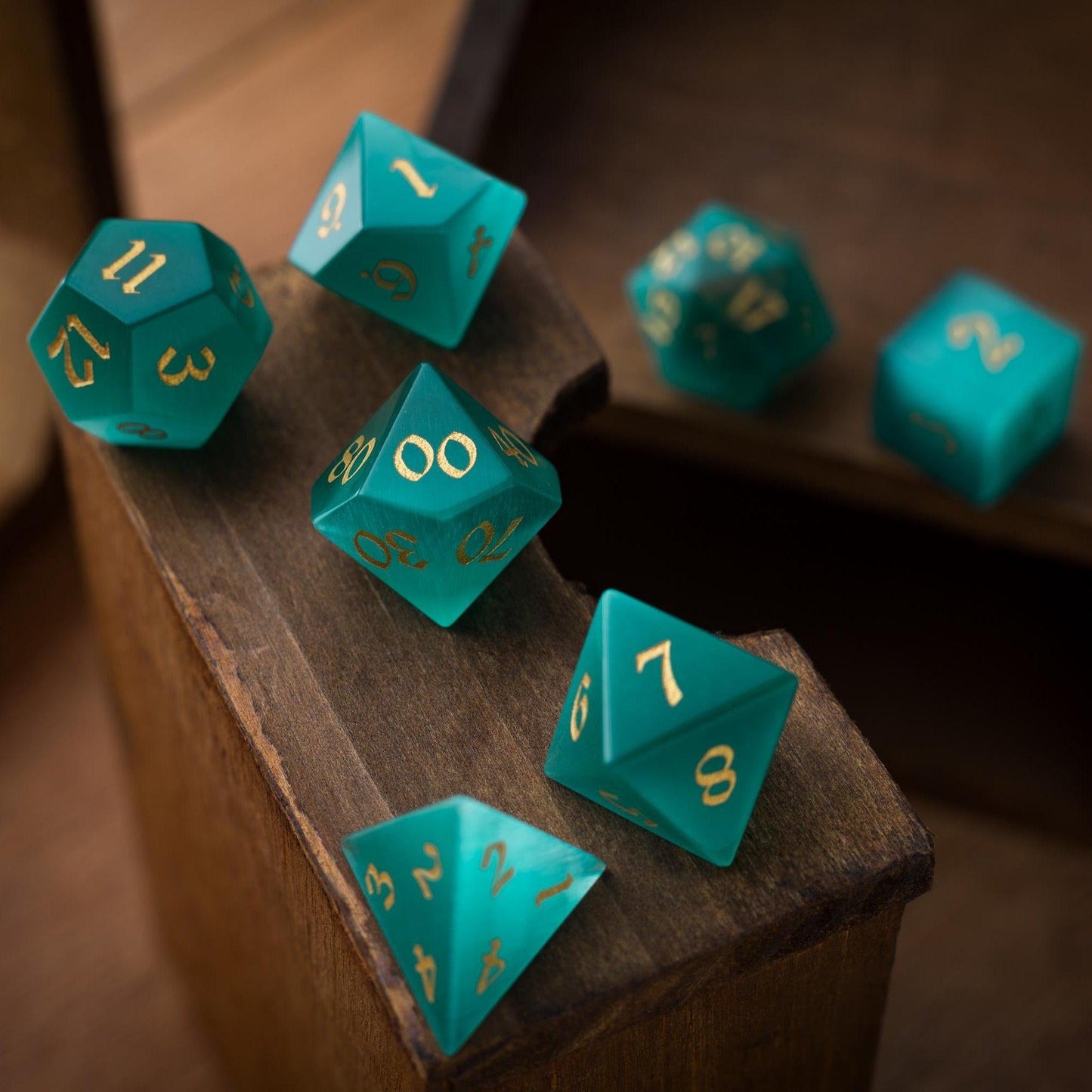 Gemstone Aquamarine Cats Eye Stone Hand Carved DND Dice Set Runic Dice
