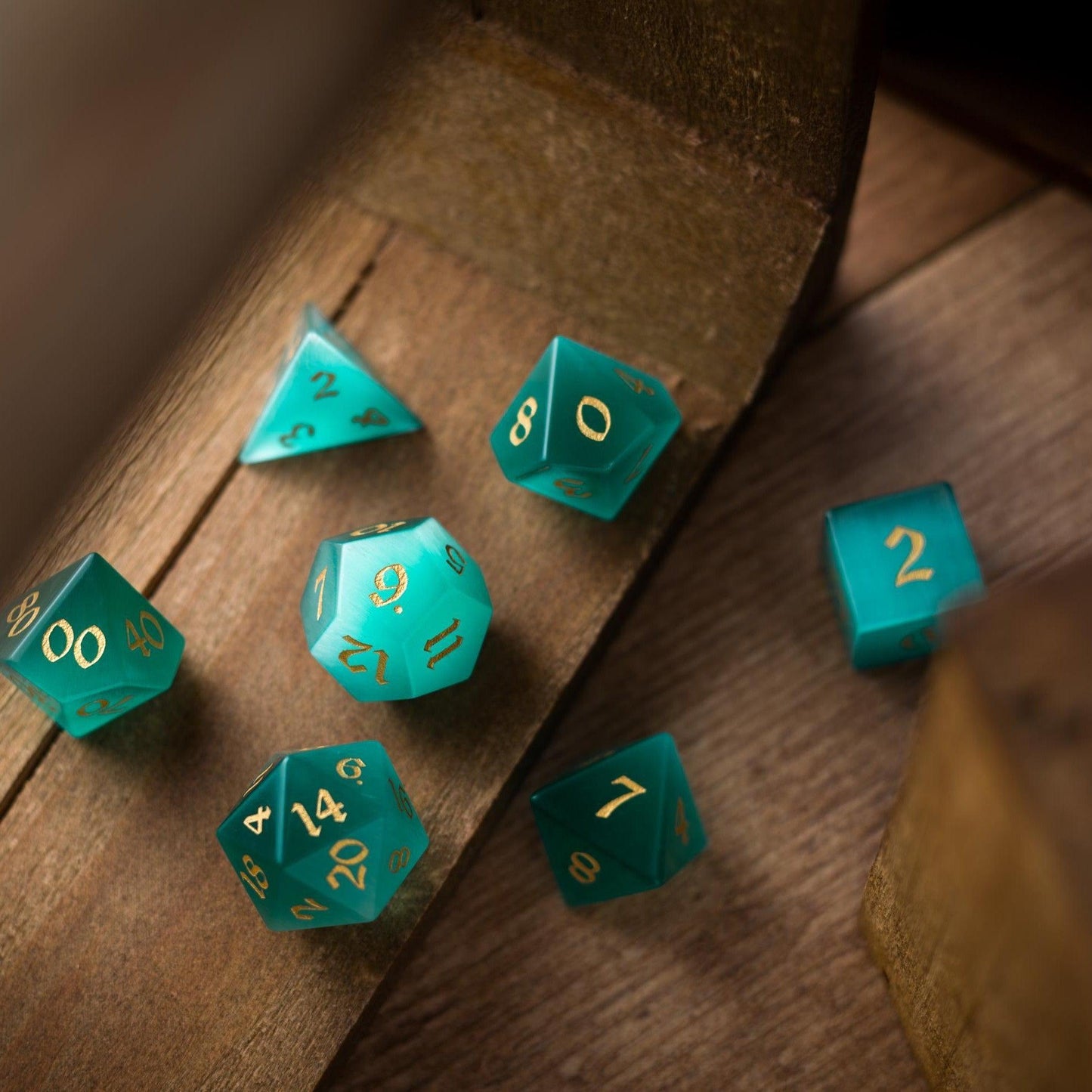 Gemstone Aquamarine Cats Eye Stone Hand Carved DND Dice Set Runic Dice