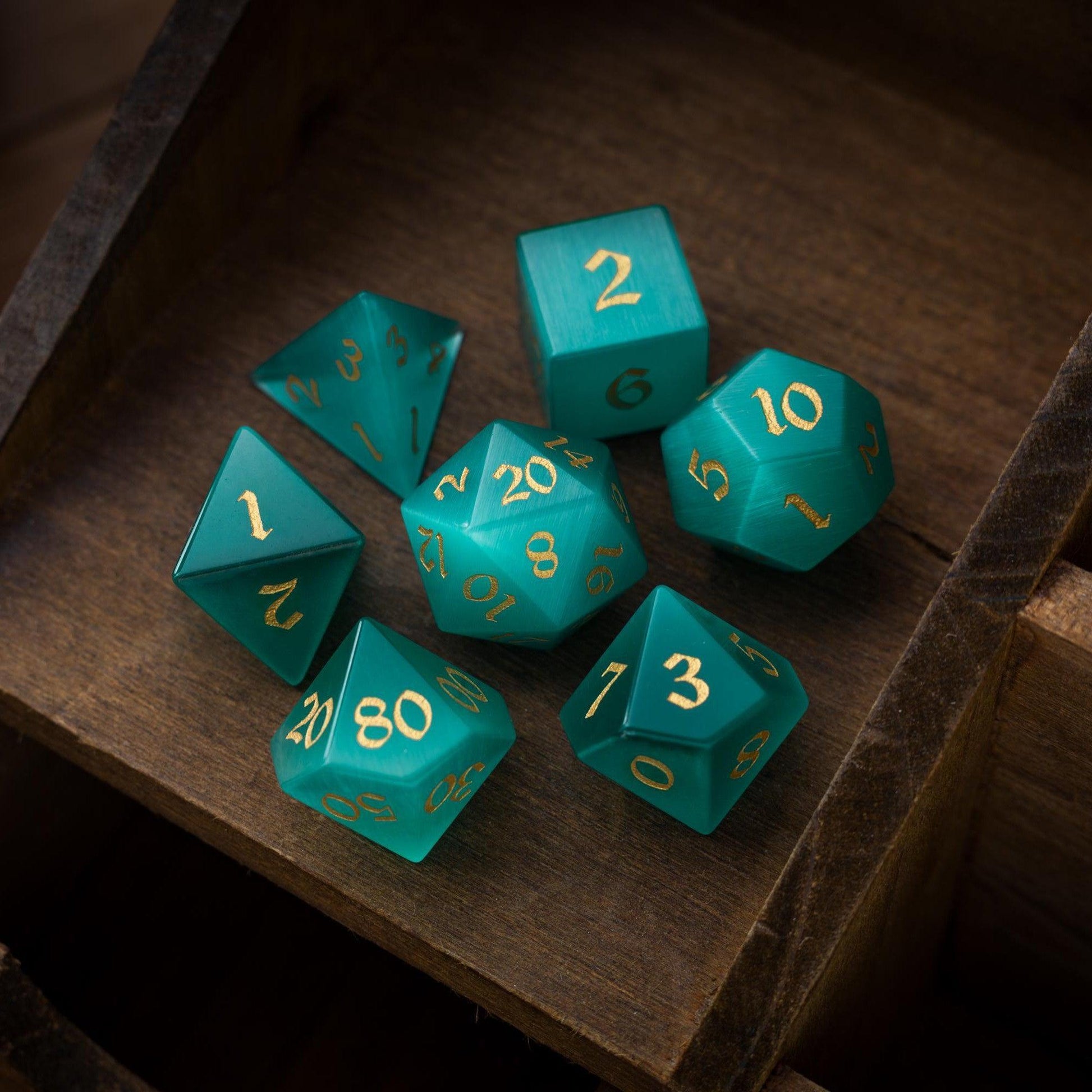 Gemstone Aquamarine Cats Eye Stone Hand Carved DND Dice Set Runic Dice