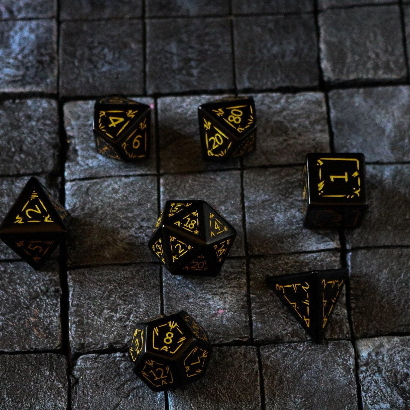 Gemstone Black Dragon Shield Night Obsidian DND Dice Set Runic Dice
