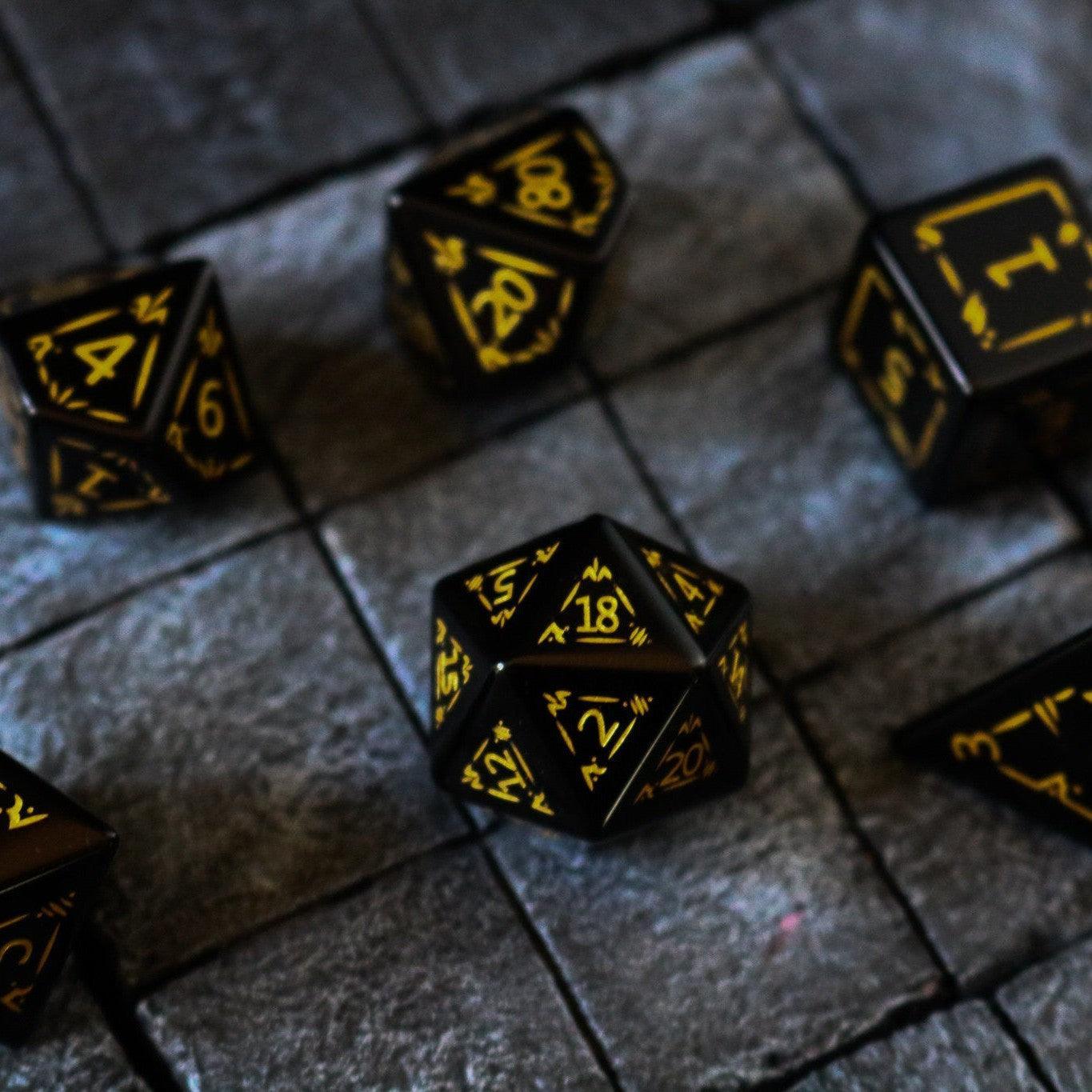 Gemstone Black Dragon Shield Night Obsidian DND Dice Set Runic Dice