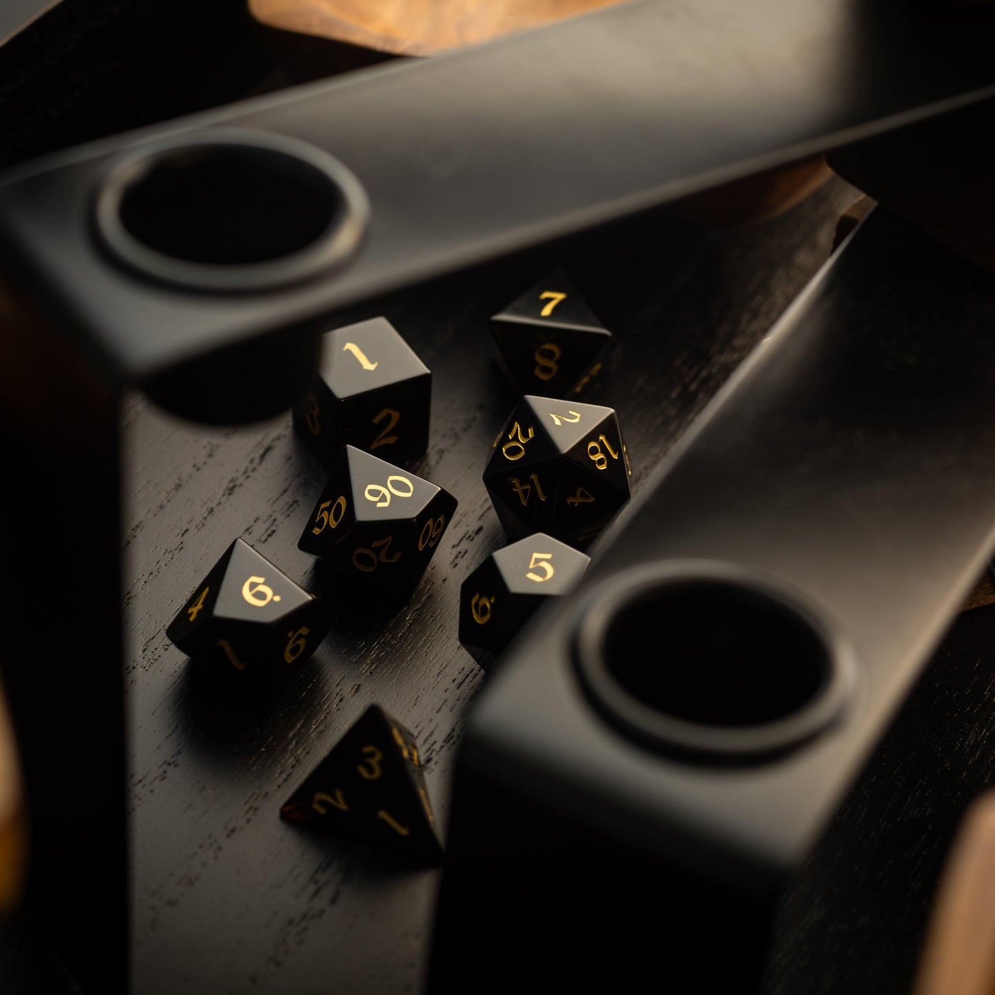Gemstone Black Night Obsidian Hand Carved DND Dice Set Runic Dice