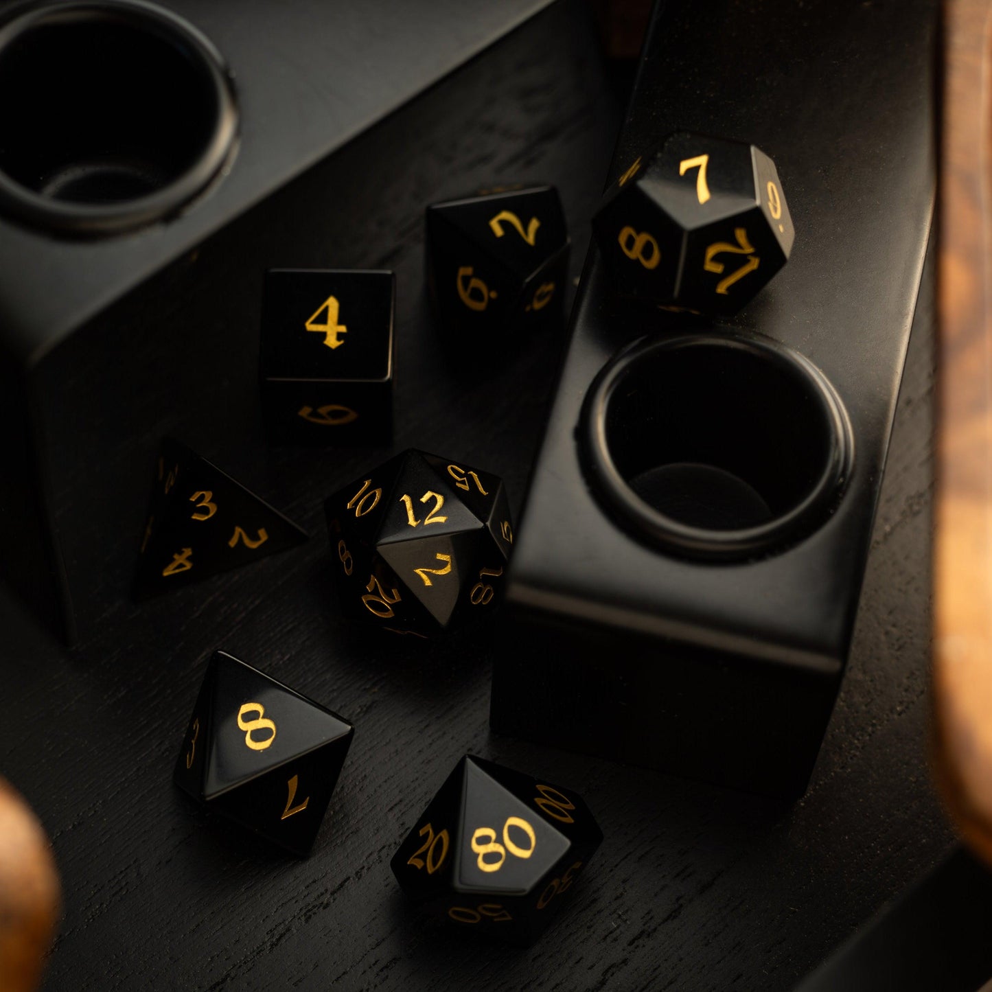 Gemstone Black Night Obsidian Hand Carved DND Dice Set Runic Dice