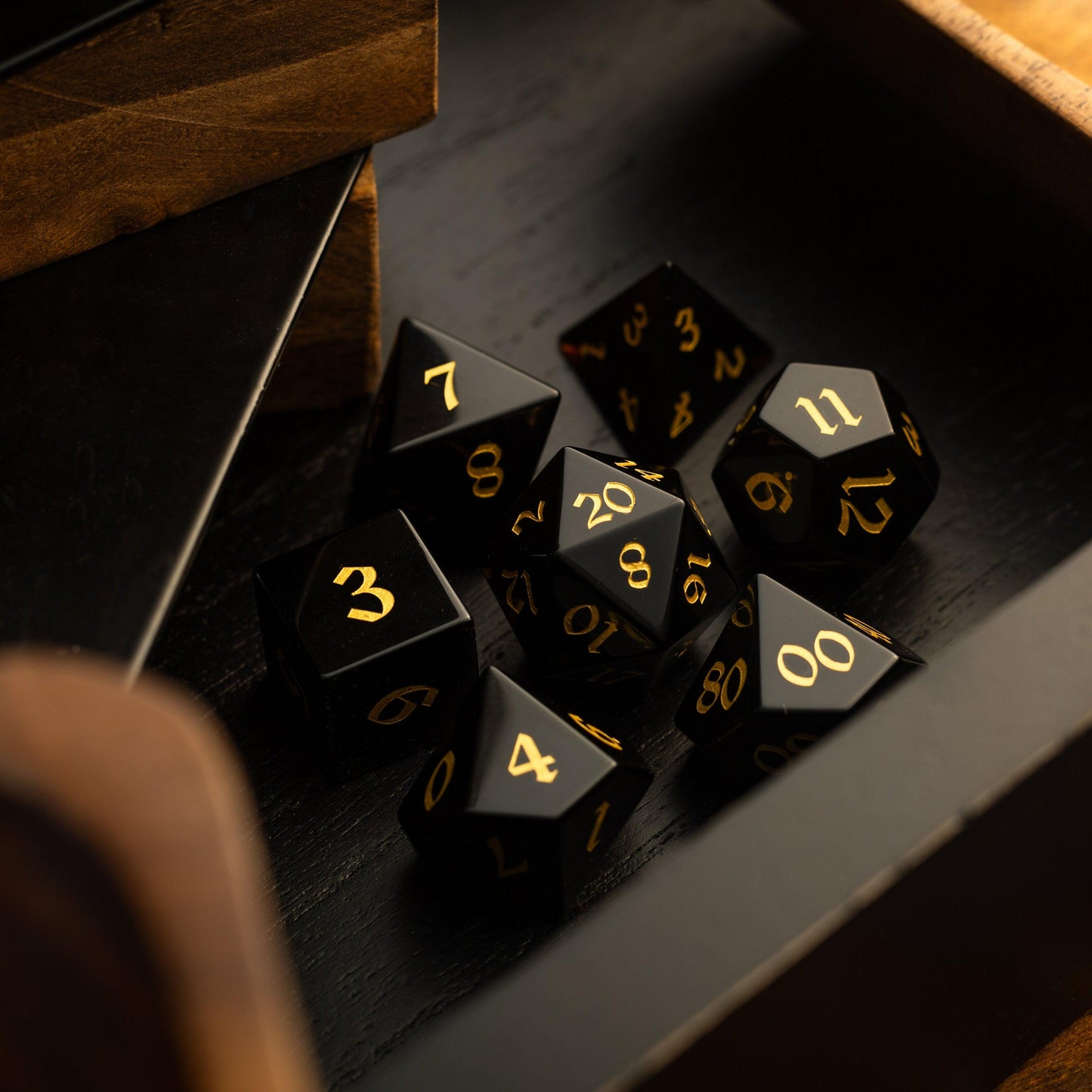 Gemstone Black Night Obsidian Hand Carved DND Dice Set Runic Dice
