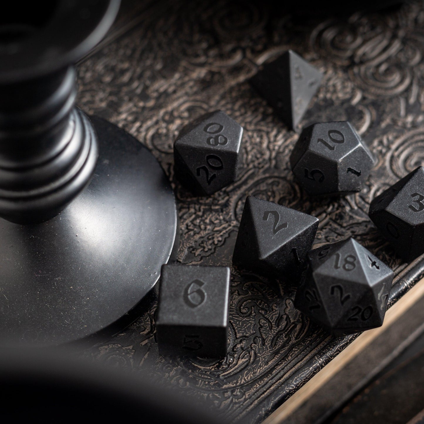 Gemstone Black Night Raised Obsidian Hand Carved DND Dice Set Runic Dice