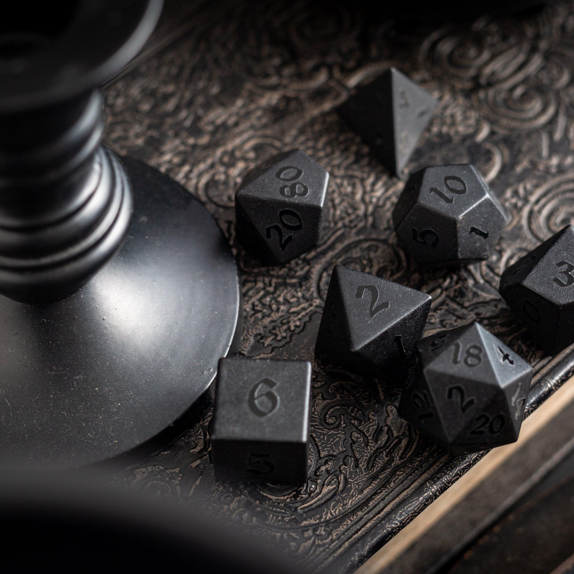 Gemstone Black Night Raised Obsidian Hand Carved DND Dice Set Runic Dice
