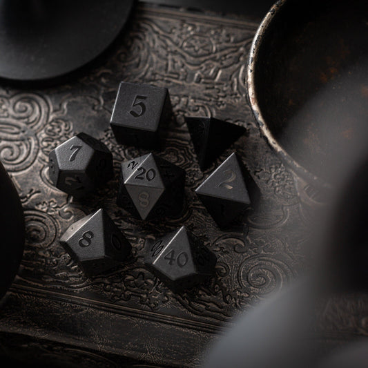 Gemstone Black Night Raised Obsidian Hand Carved DND Dice Set Runic Dice
