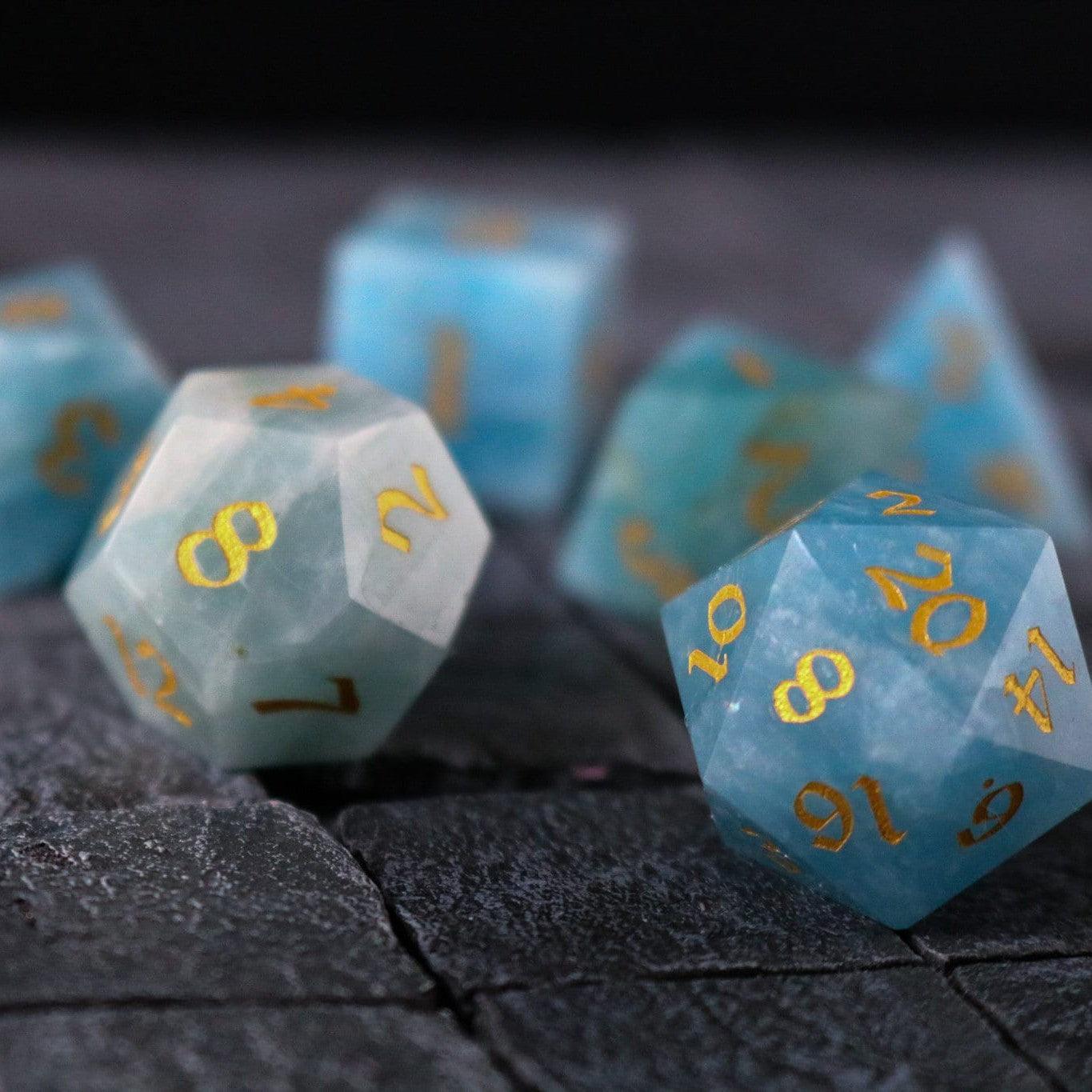 Gemstone Blue Aquamarine Stone Hand Carved DND Dice Set Runic Dice