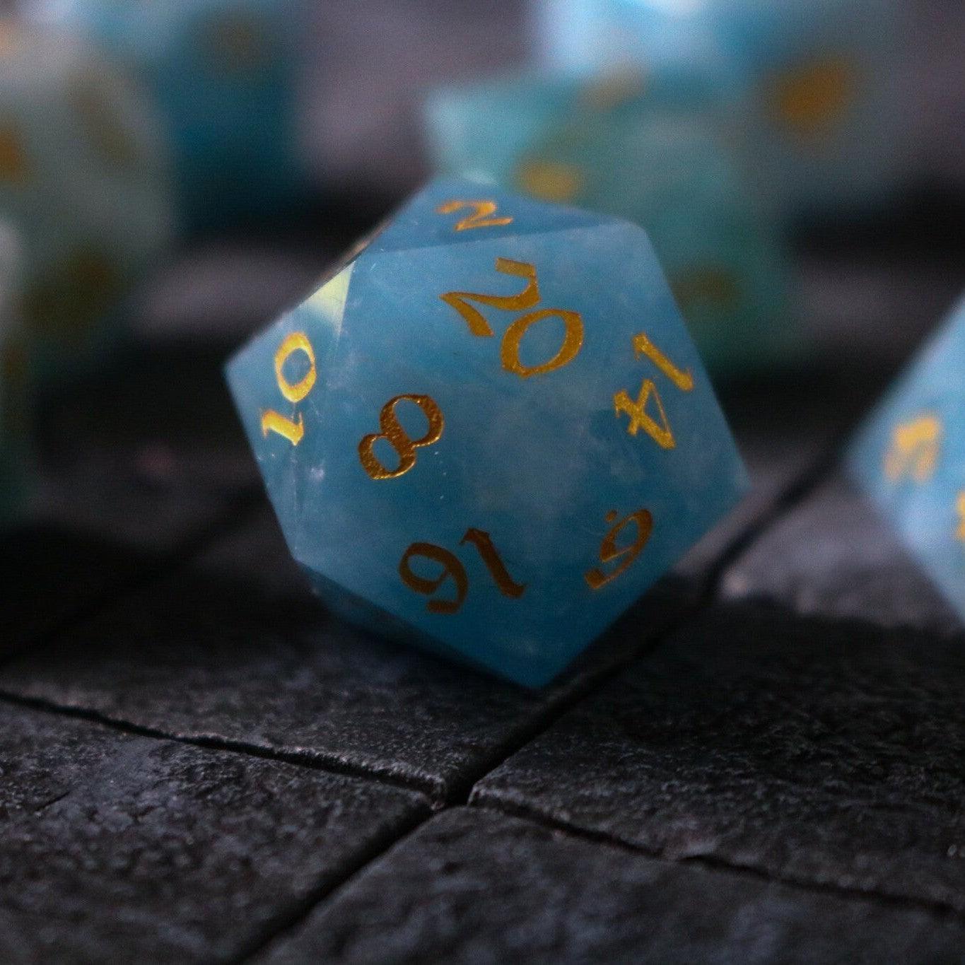 Gemstone Blue Aquamarine Stone Hand Carved DND Dice Set Runic Dice