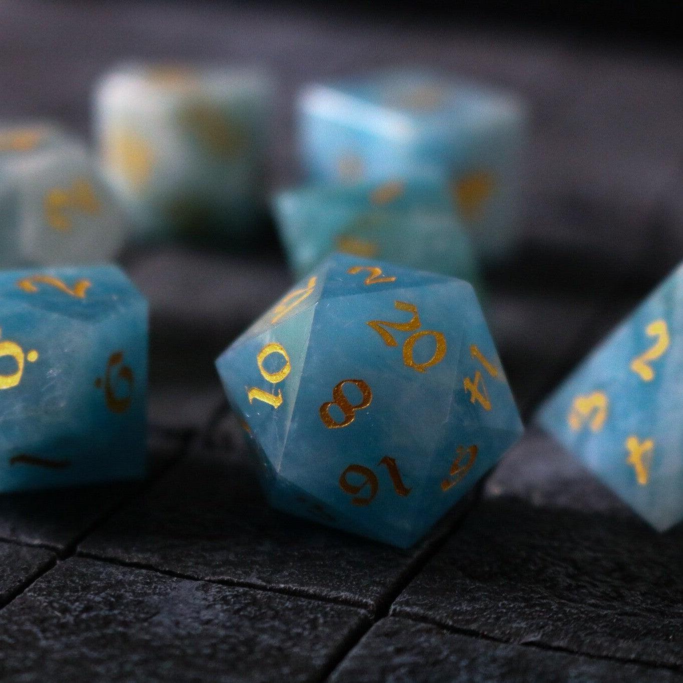 Gemstone Blue Aquamarine Stone Hand Carved DND Dice Set Runic Dice