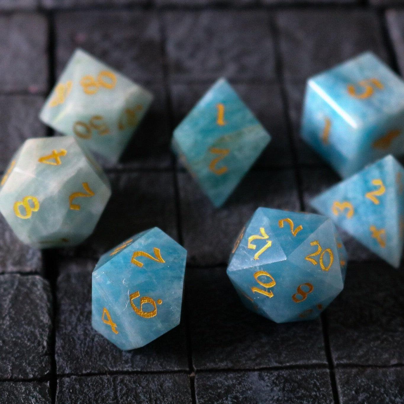 Gemstone Blue Aquamarine Stone Hand Carved DND Dice Set Runic Dice