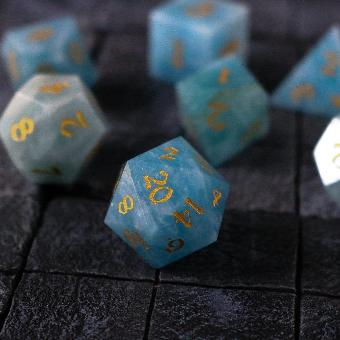 Gemstone Blue Aquamarine Stone Hand Carved DND Dice Set Runic Dice