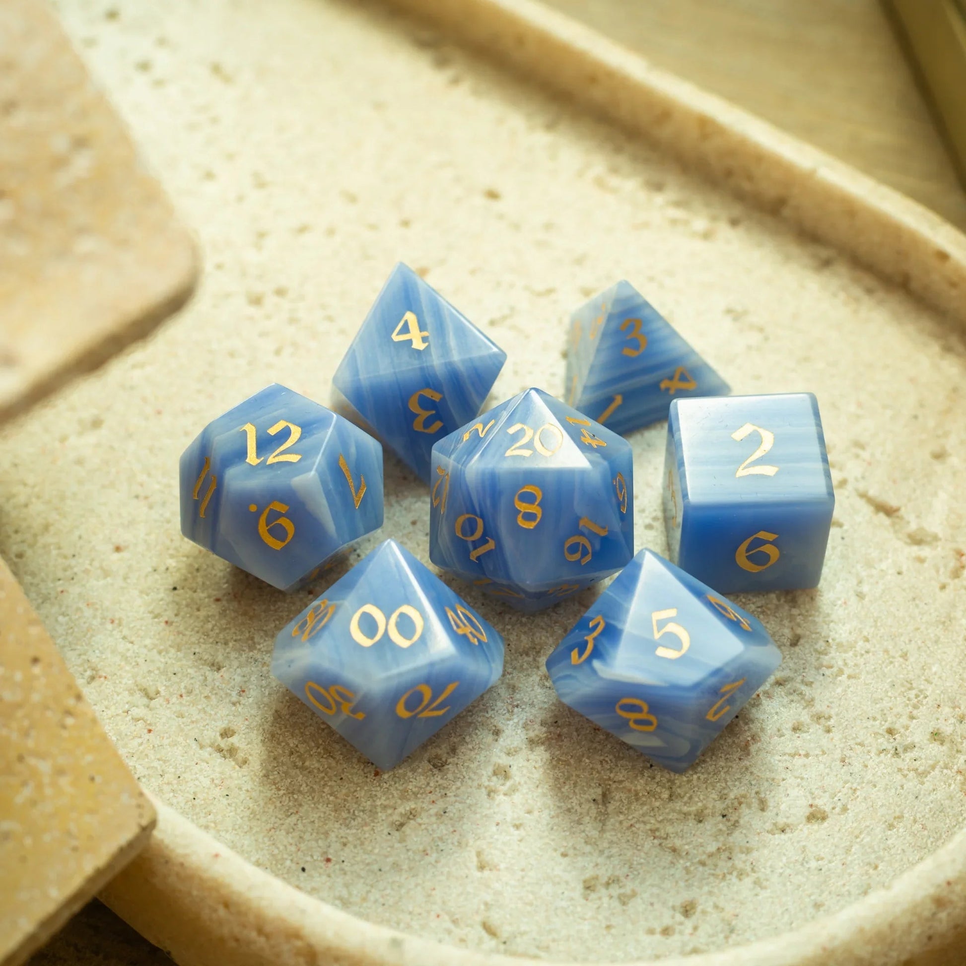 Gemstone Blue Lace Agate Eye Stone Hand Carved DND Dice Set Runic Dice