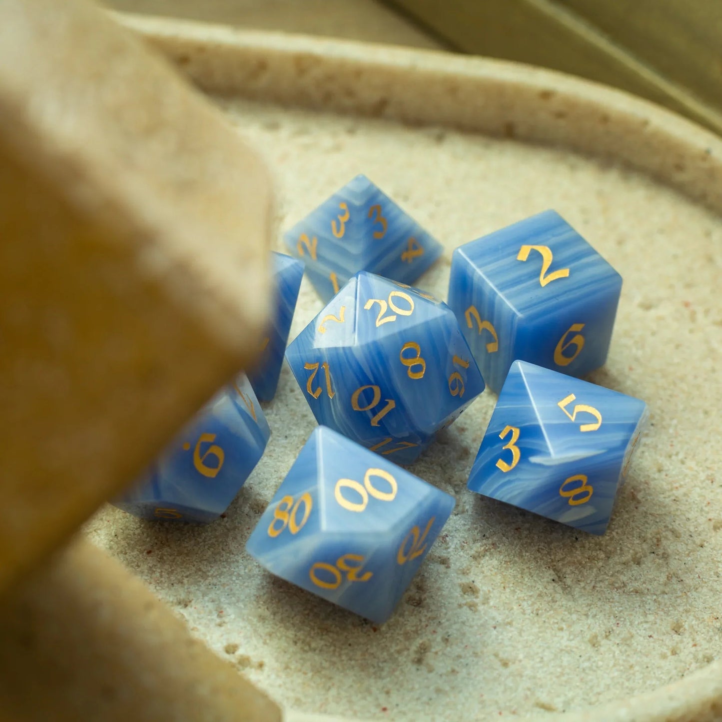 Gemstone Blue Lace Agate Eye Stone Hand Carved DND Dice Set Runic Dice