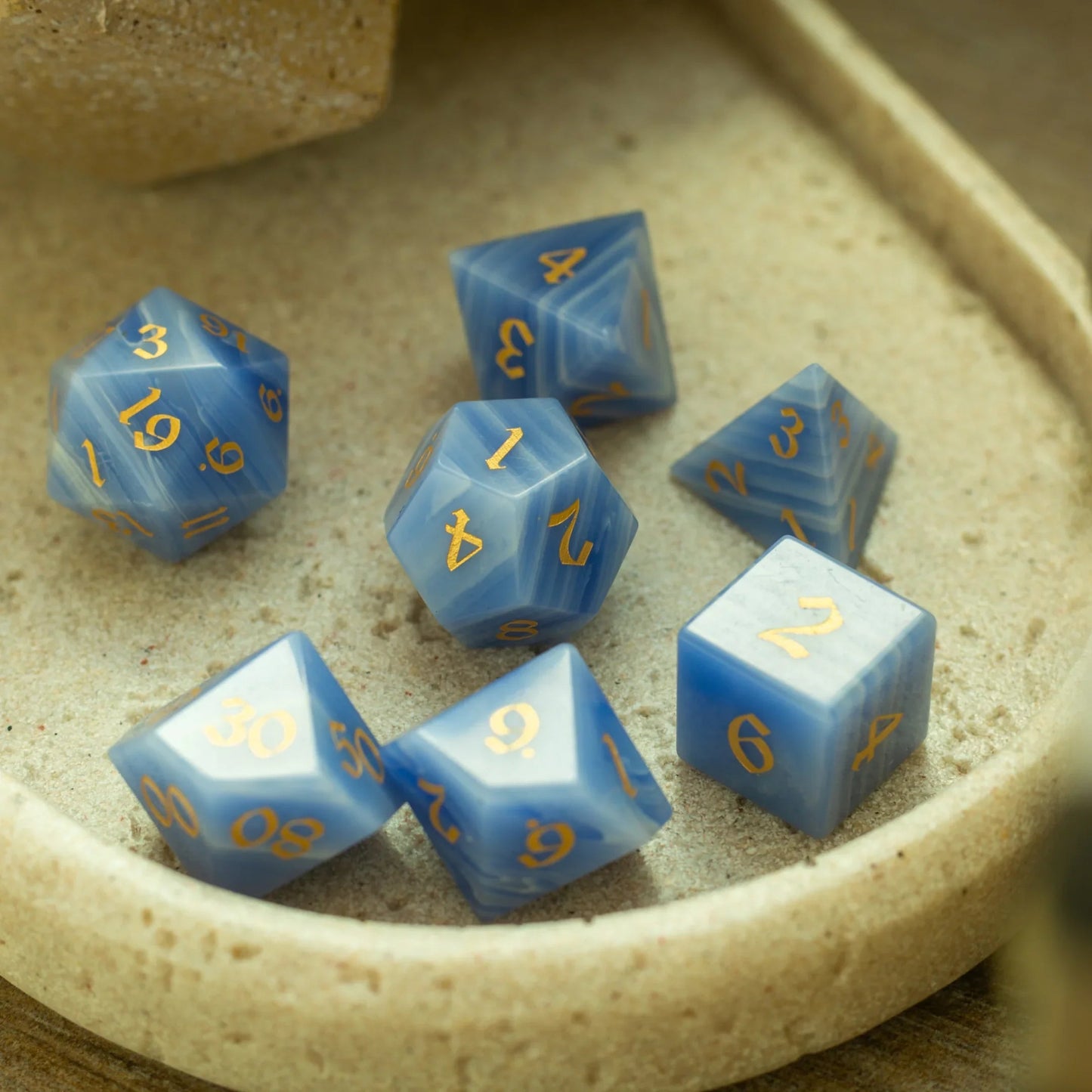 Gemstone Blue Lace Agate Eye Stone Hand Carved DND Dice Set Runic Dice