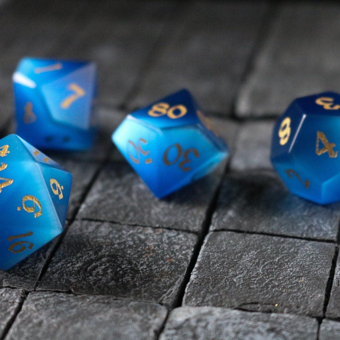 Gemstone Dark Blue Cats Eye Stone Hand Carved DND Dice Set Runic Dice