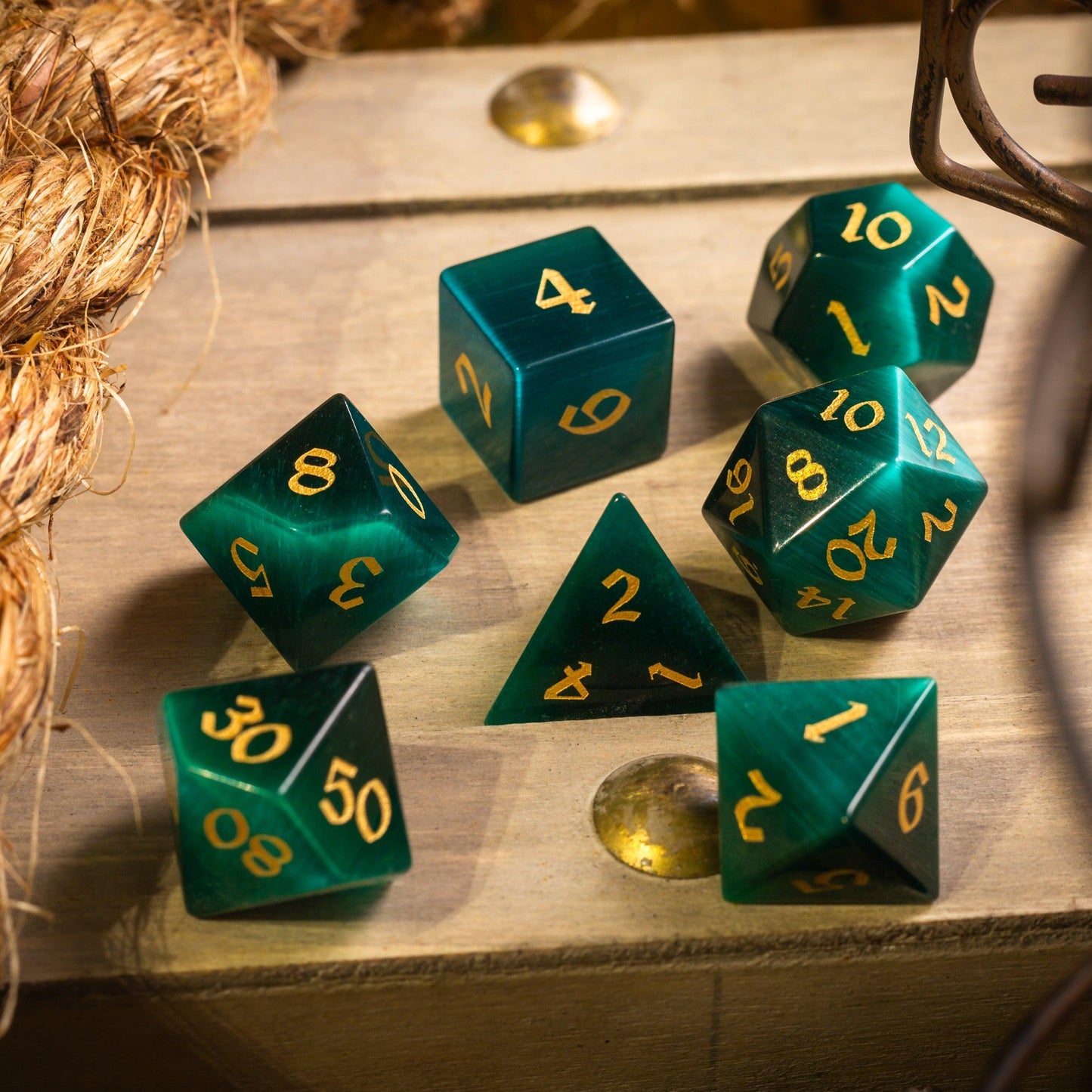 Gemstone Dark Green Cats Eye Stone Hand Carved DND Dice Set Runic Dice