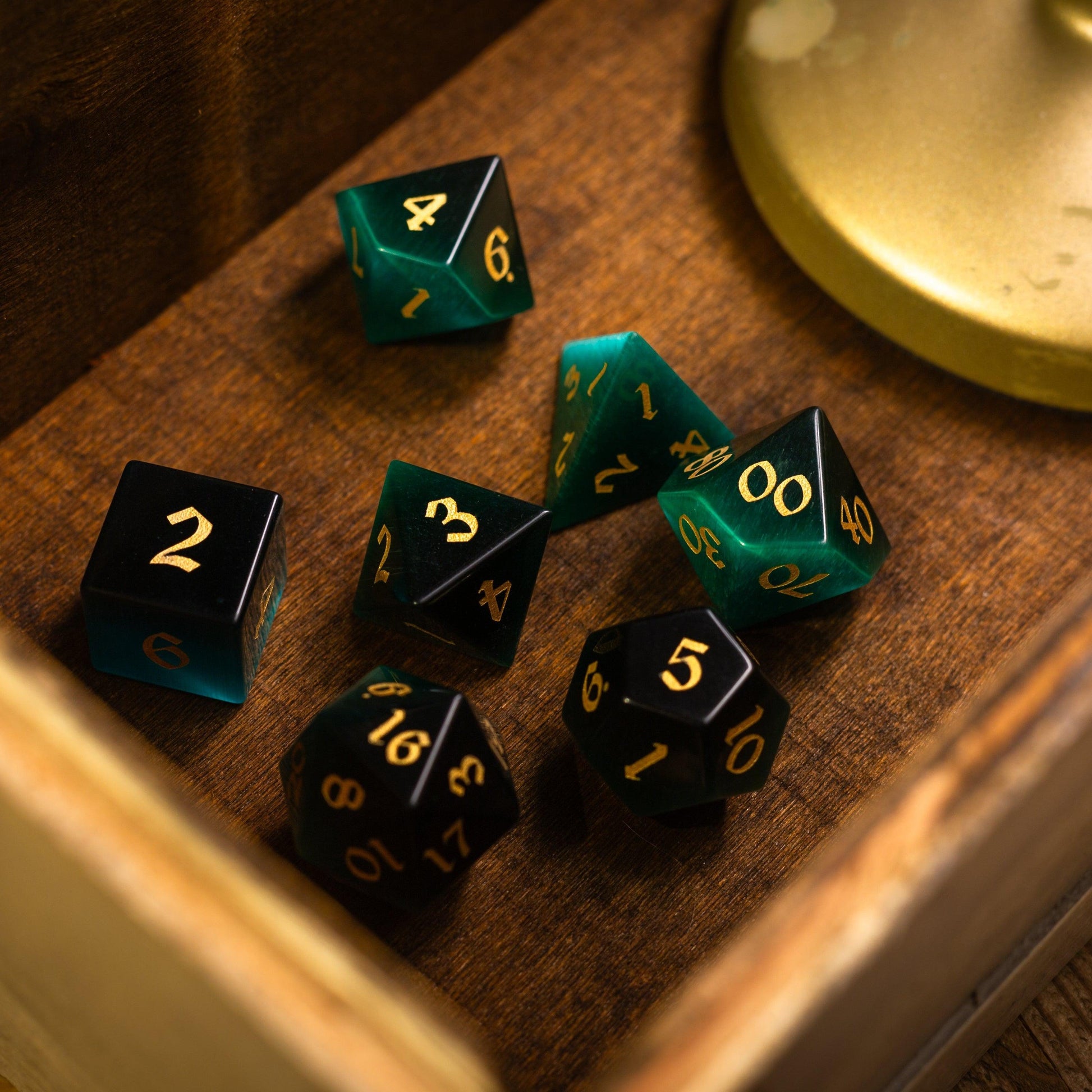 Gemstone Dark Green Cats Eye Stone Hand Carved DND Dice Set Runic Dice