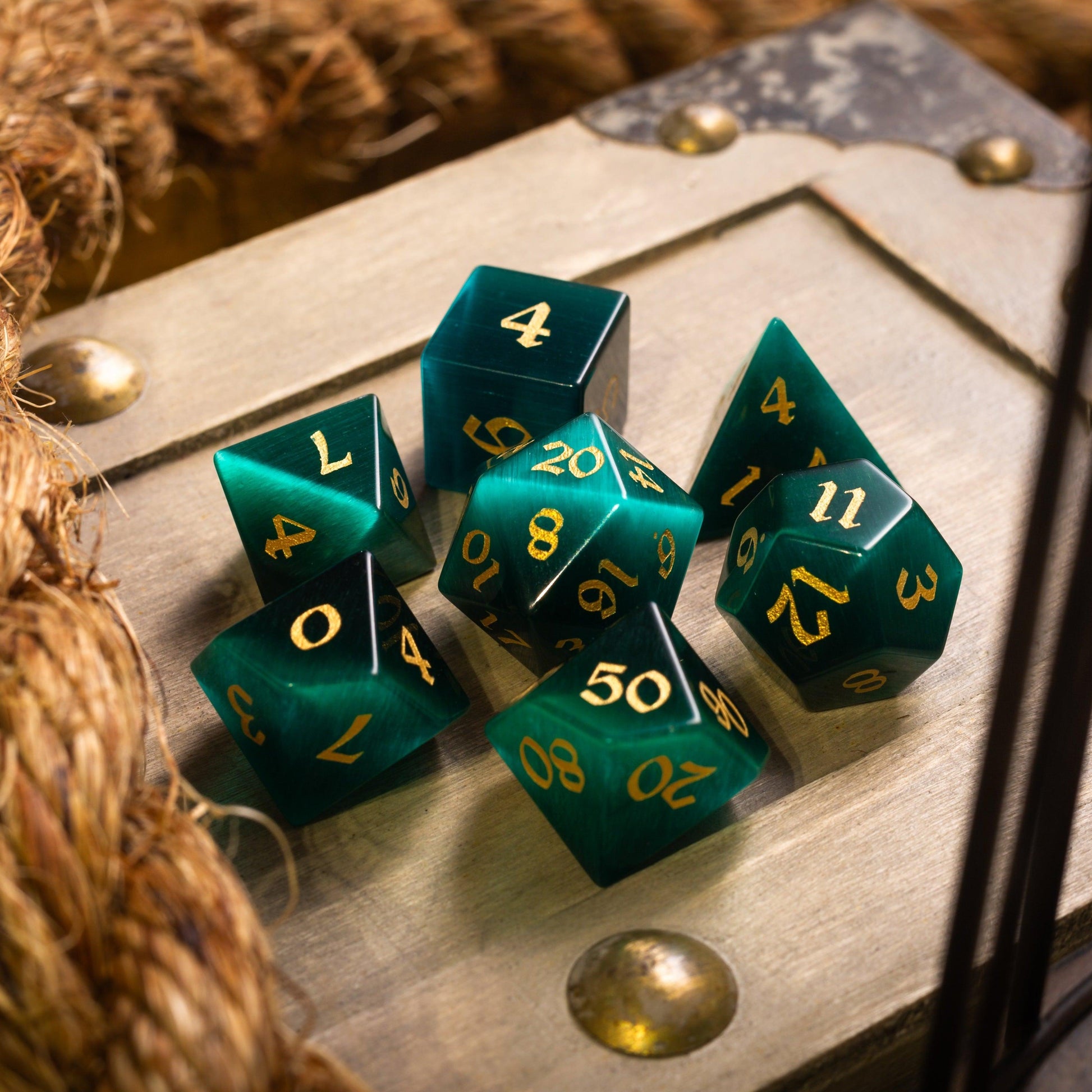Gemstone Dark Green Cats Eye Stone Hand Carved DND Dice Set Runic Dice