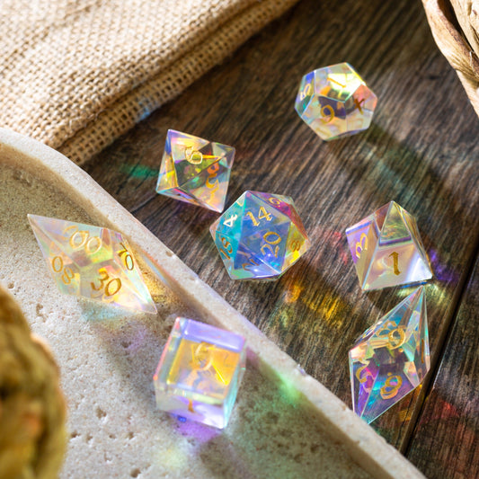 Gemstone Dichroic Glass Elven Cut DND Dice Set Runic Dice